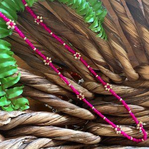 Boho Happy Daisy Necklace - Fuschia Pink+Gold